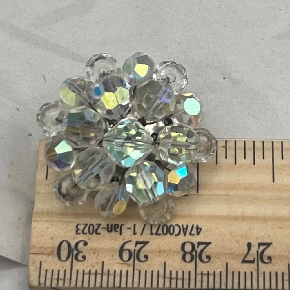Aurora Borealis Crystal Brooch/Clip Earrings Set 1950s Sparkling Cluster Jewelry